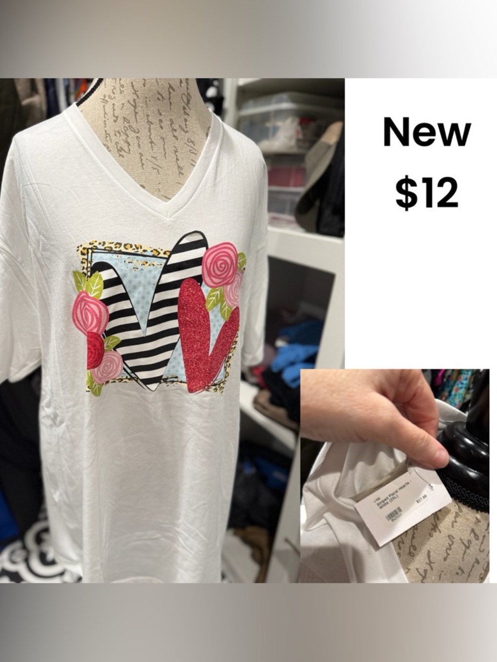 White Graphic Heart V-Neck Tee with Floral Accents